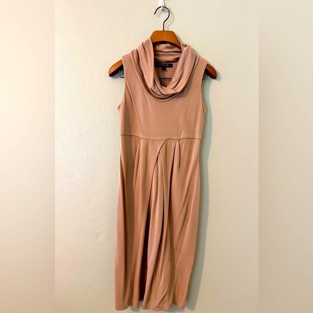 Lafayette 148 New York Beige Midi Sheath Dress with Cowl Neck & Empire Waist